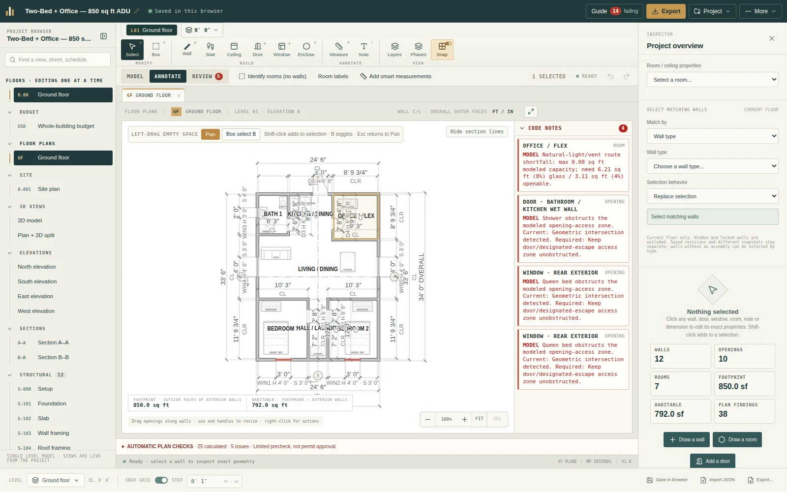 Planform editor with a dimensioned 850 square foot two-bedroom and office sample ADU, showing walls, openings, room areas and review findings