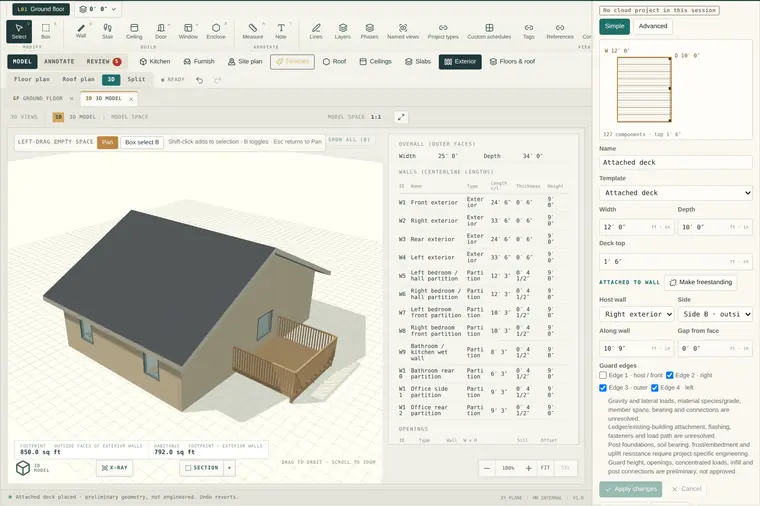 Planform 3D model view with an attached timber deck beside the house and the exterior panel listing deck width, depth, host wall, guard edges and engineering caveats