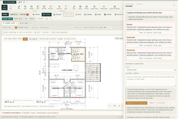 Planform floor plan with beds, sofa, table and kitchen fixtures, beside the Furnish panel listing three placements that conflict with door and window access zones