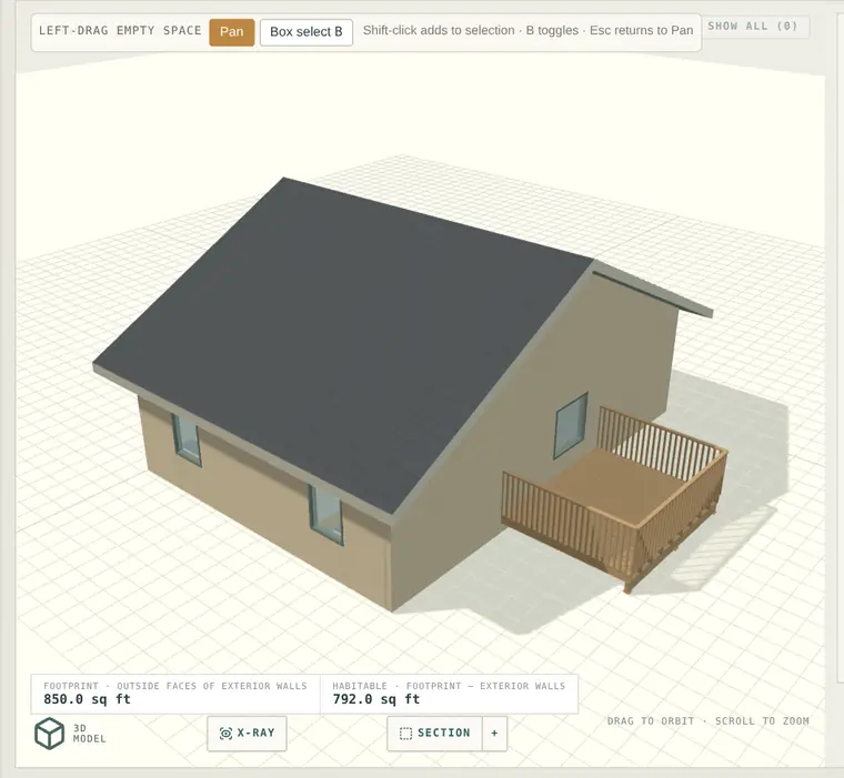 Planform 3D model view showing the sample single-storey ADU with a dark gable roof, beige walls, windows and an attached timber deck with railings
