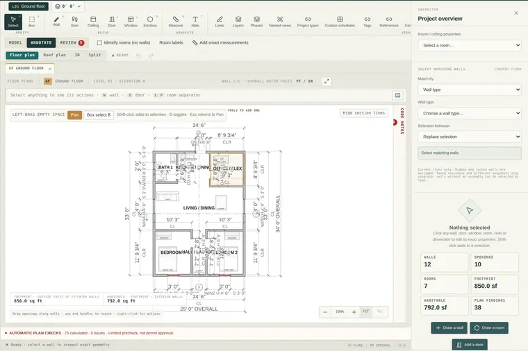 Planform floor plan of the 850 square foot sample fitted to the canvas with dimension strings, room names and the collapsed code-notes rail