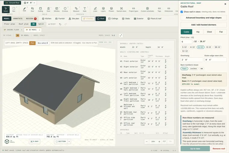 Planform 3D model view of the sample ADU with a generated gable roof, next to the roof panel set to gable, 6:12 pitch, 2 foot overhang and 8 foot 4 inch eave