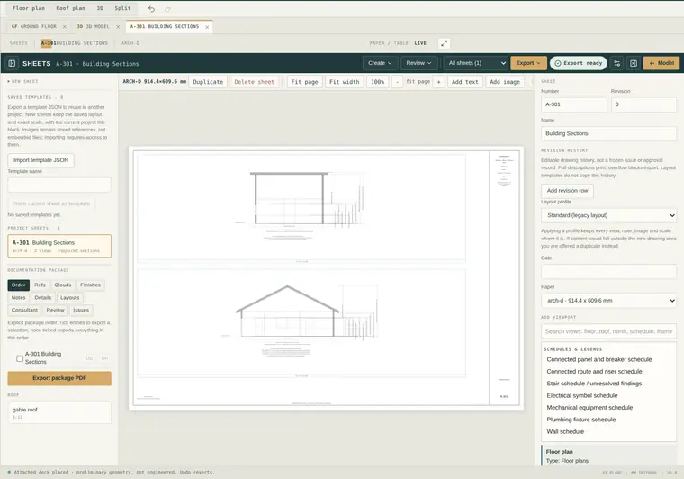 Planform sheet editor showing an ARCH D building-sections sheet with two section views, title block and sheet properties