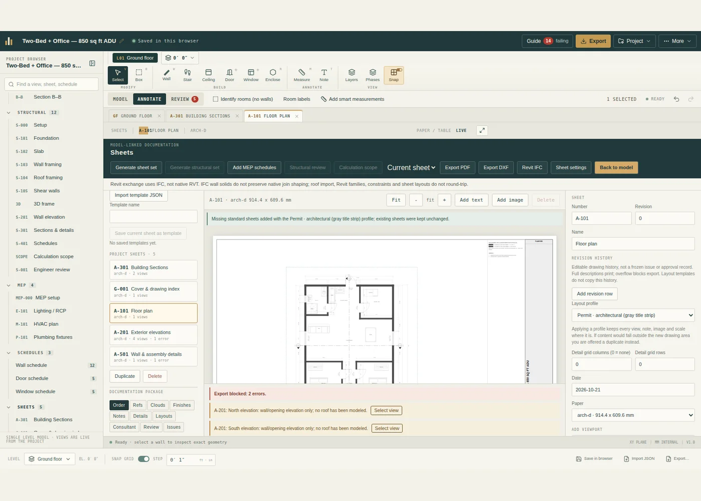 Planform sheet workspace showing the sample floor plan, title block and PDF export controls